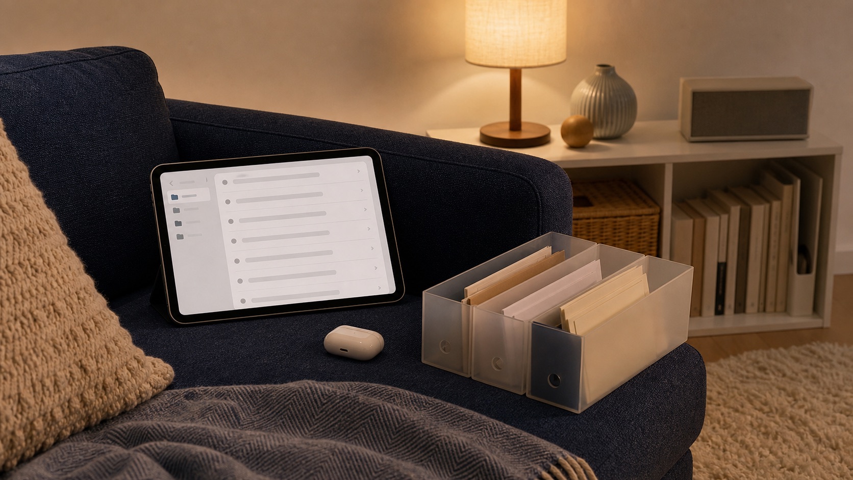 メール整理をイメージしたソファ横のタブレットとファイルトレー