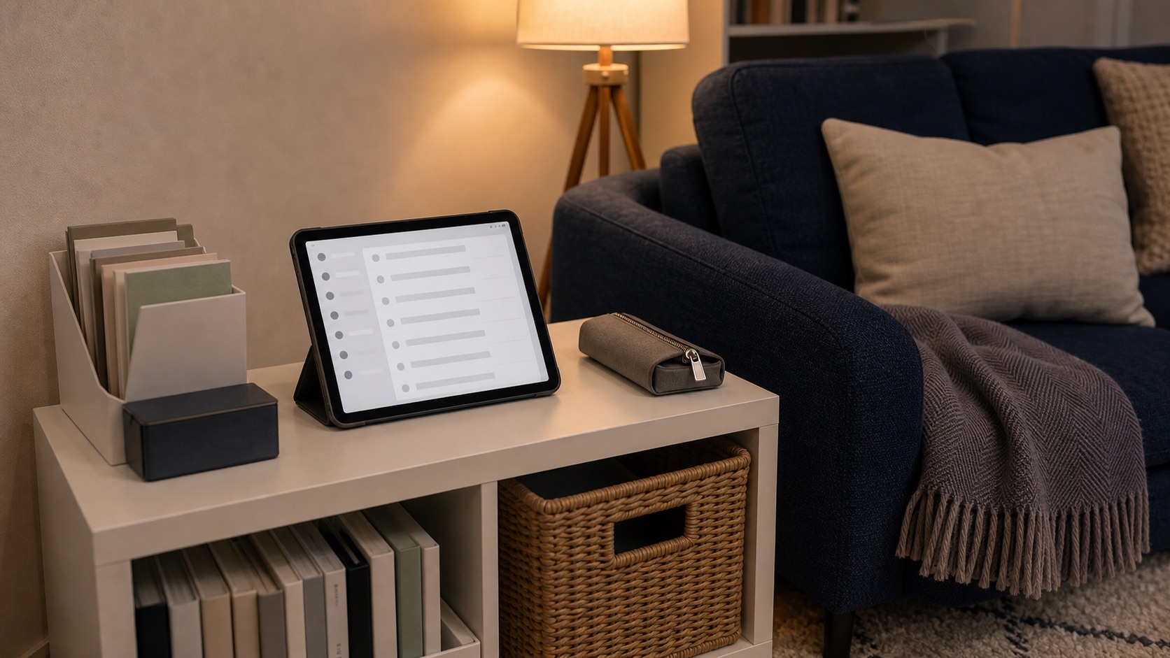 ソファ横でメールの未確認分を見直すタブレットとファイルトレー