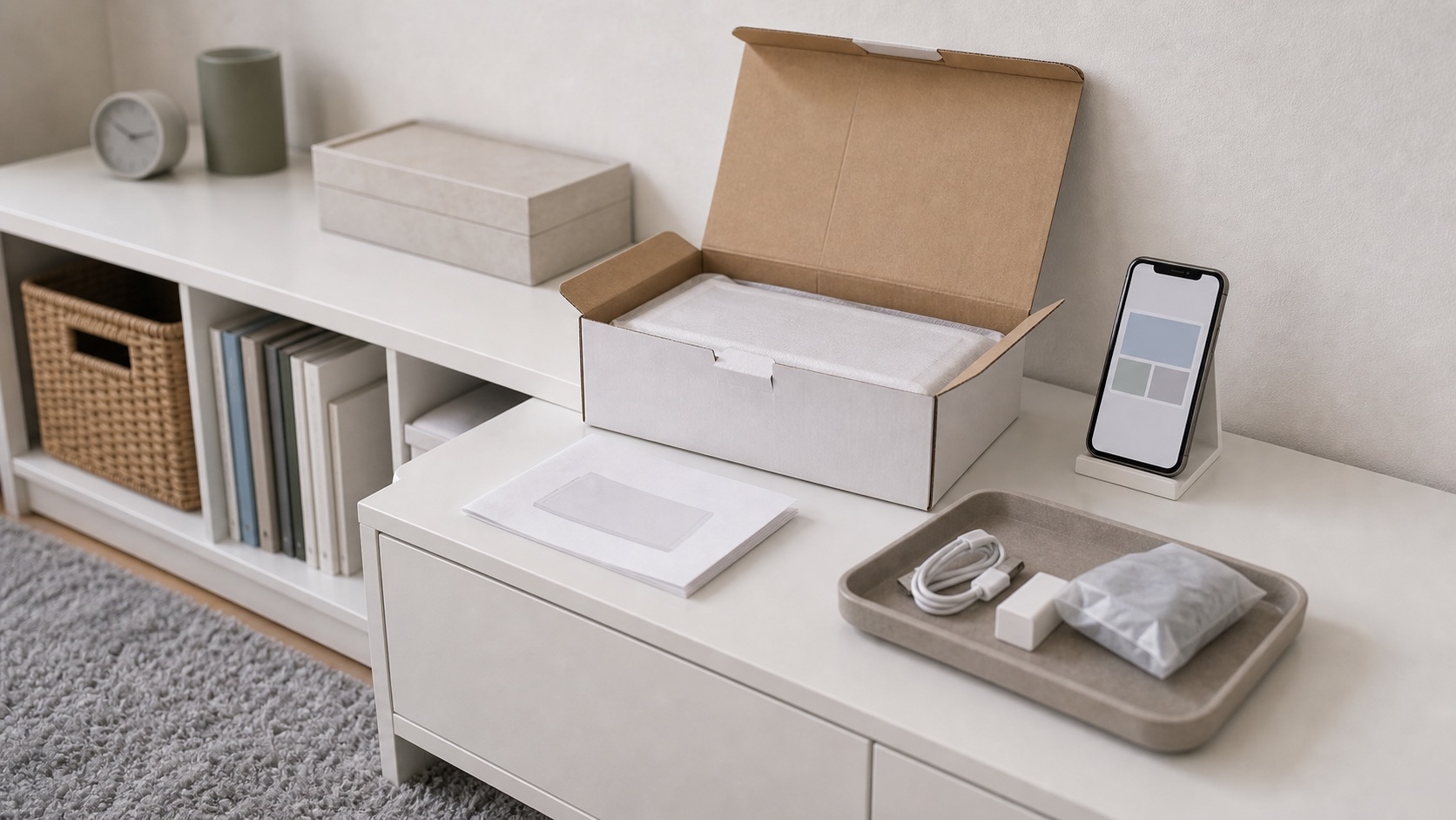届いた商品の内容を白い収納上で確認する場面