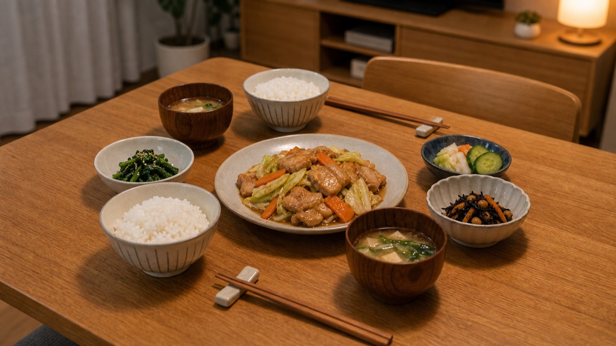 平日の夕食を無理なく並べた家庭の食卓