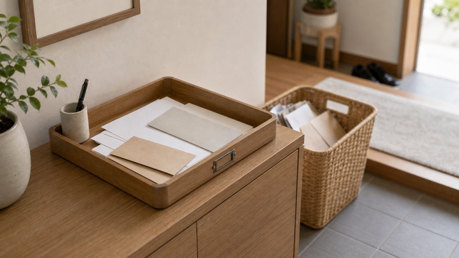 郵便物や紙類を一時置きする玄関横の整理トレー