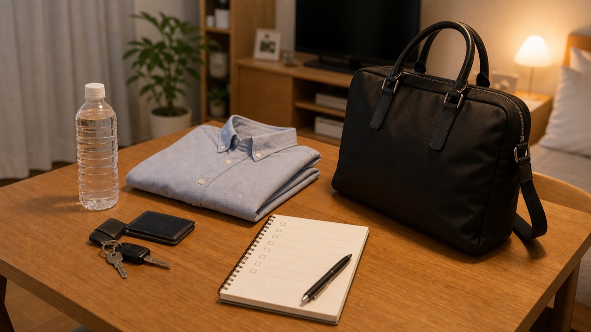 前日の夜に服とバッグと持ち物をテーブルにまとめた様子