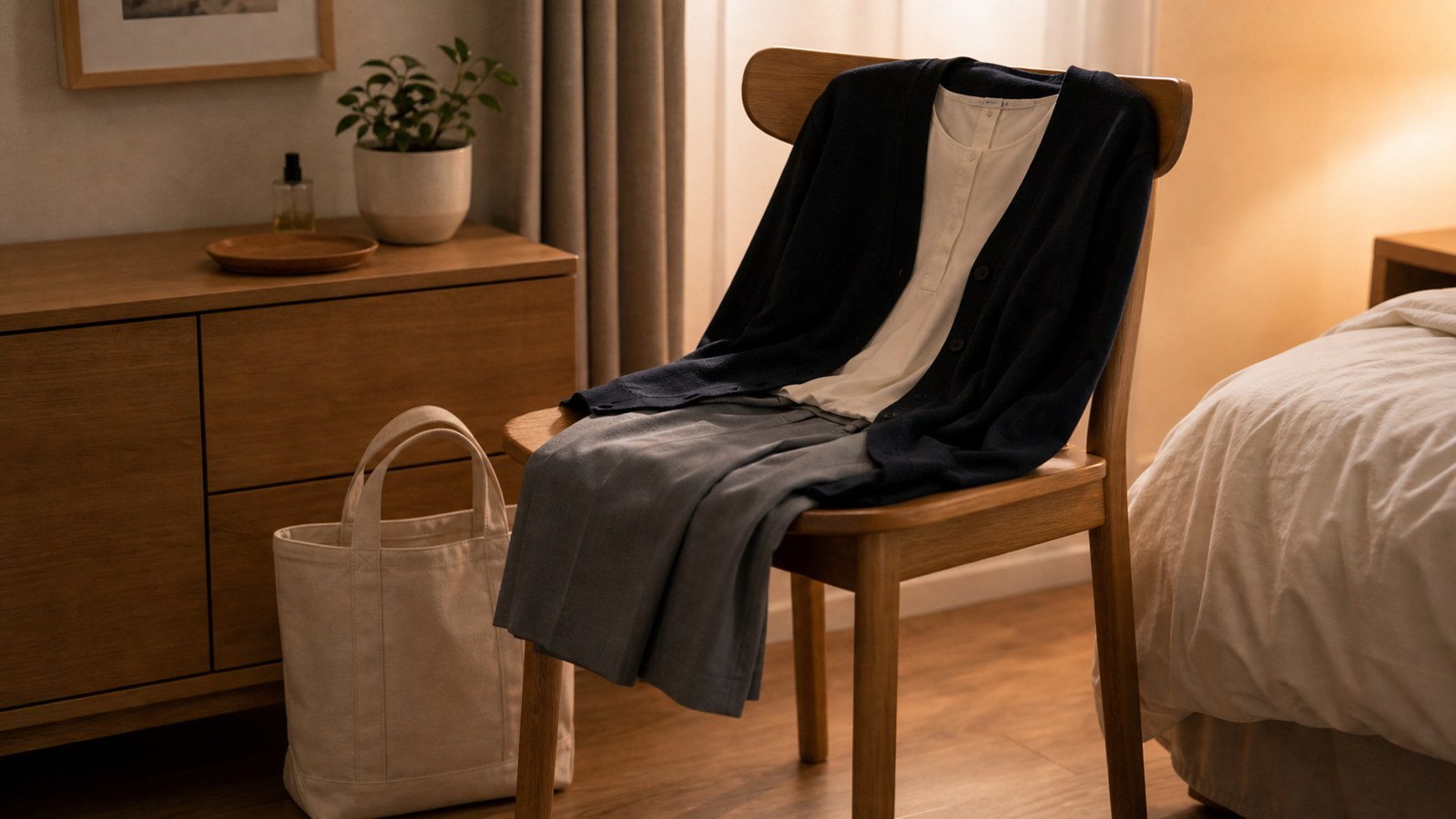 寝室の椅子に翌日戻す服とバッグをまとめた小さな置き場所